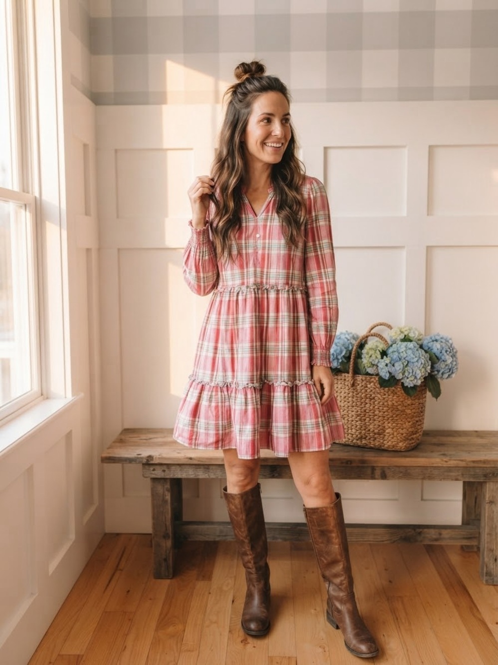 J. Crew Pink Plaid Tiered Midi Dress 8